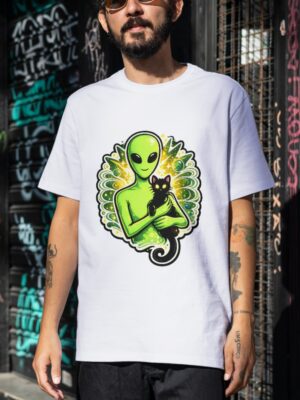 Cute Alien & Black Cat – Cosmic Lover Gift Unisex T-Shirt (100% Cotton) – Premium Graphic Tee