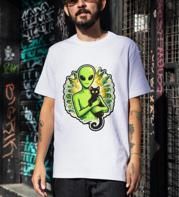 Cute Alien & Black Cat – Cosmic Lover Gift Unisex T-Shirt (100% Cotton) – Premium Graphic Tee