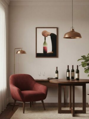 Minimalist Conceptual Wall Art Print – Human Figure Drinking Wine Bottle, Surreal Modern Illustration, Dark Statement Home Decor