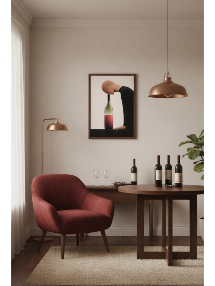 Minimalist Conceptual Wall Art Print – Human Figure Drinking Wine Bottle, Surreal Modern Illustration, Dark Statement Home Decor