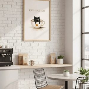 Cat-Puccino Wall Art Print – Cute Black Cat in Coffee Cup, Minimalist Coffee Illustration, Cozy Café & Kitchen Decor
