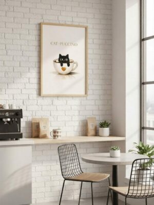 Cat-Puccino Wall Art Print – Cute Black Cat in Coffee Cup, Minimalist Coffee Illustration, Cozy Café & Kitchen Decor