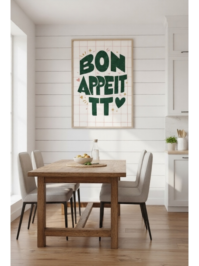 Bon Appétit Wall Art Print – Cute Food Typography Poster, Playful Kitchen Decor, Cozy Dining Room Illustration