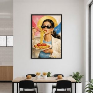 Luxury Pop Art Woman Wall Art Print – Fashion Woman Eating Pasta, Glamorous Surreal Illustration, Modern Statement Home Decor