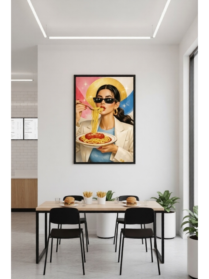 Luxury Pop Art Woman Wall Art Print – Fashion Woman Eating Pasta, Glamorous Surreal Illustration, Modern Statement Home Decor