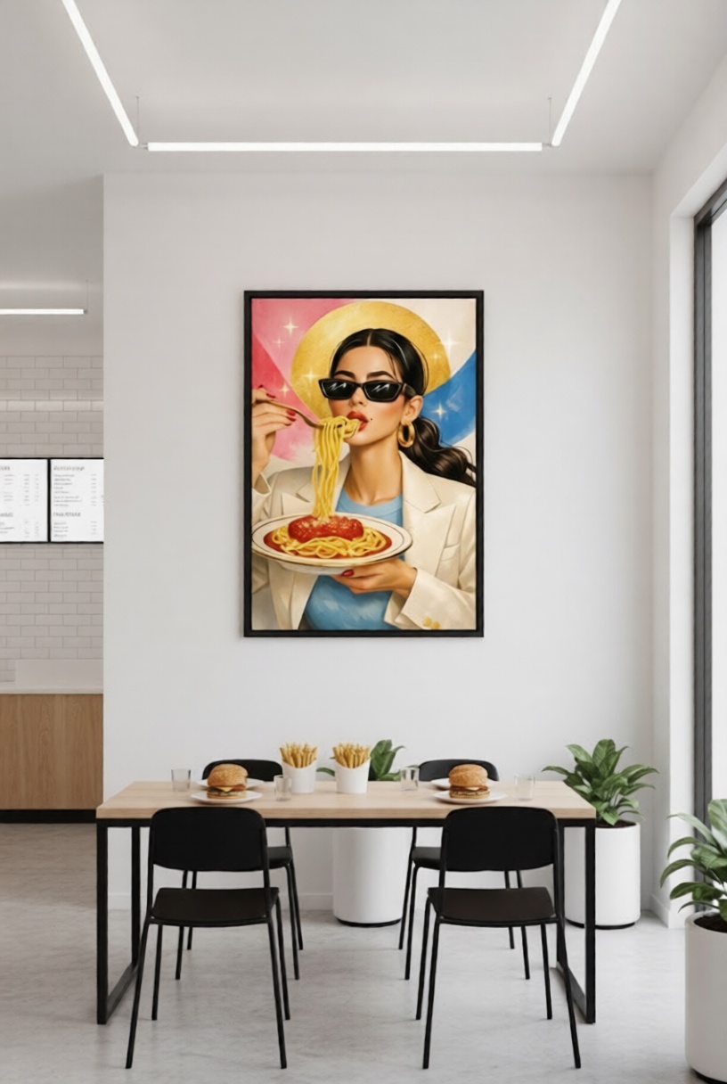 Luxury Pop Art Woman Wall Art Print – Fashion Woman Eating Pasta, Glamorous Surreal Illustration, Modern Statement Home Decor
