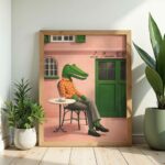 Stylish Crocodile Café Wall Art Print – French Bistro Illustration, Whimsical Animal Portrait, Modern Surreal Decor