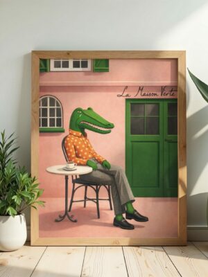Stylish Crocodile Café Wall Art Print – French Bistro Illustration, Whimsical Animal Portrait, Modern Surreal Decor