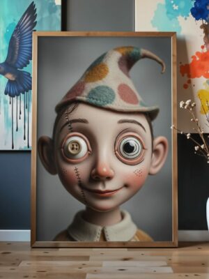 Whimsical Patchwork Doll Portrait Surreal Wall Art Print