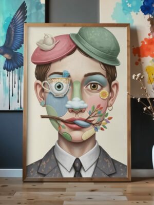 Assembled Thoughts – Whimsical Surreal Face Illustration Wall Art Print