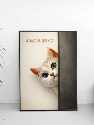 Whatcha Doing? Curious Cat Wall Art Print – Playful Minimalist Animal Illustration for Modern Interiors