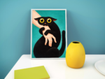 Wide-Eyed Black Cat Wall Art Print – Whimsical Animal Illustration, Surreal Pet Art