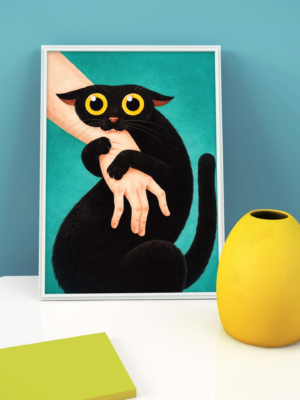 Wide-Eyed Black Cat Wall Art Print – Whimsical Animal Illustration, Surreal Pet Art