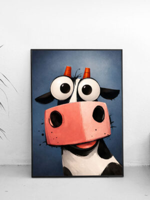 Wide-Eyed Cow Illustration Wall Art Print – Whimsical Farm Animal Art, Playful Modern Decor