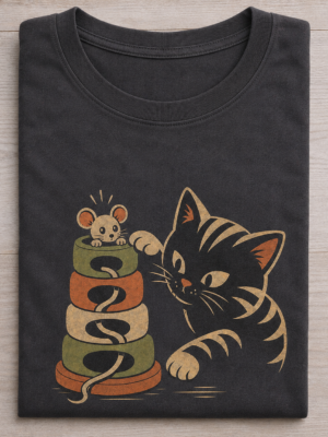 Playful Cat and Mouse Stack Cute Graphic Tee